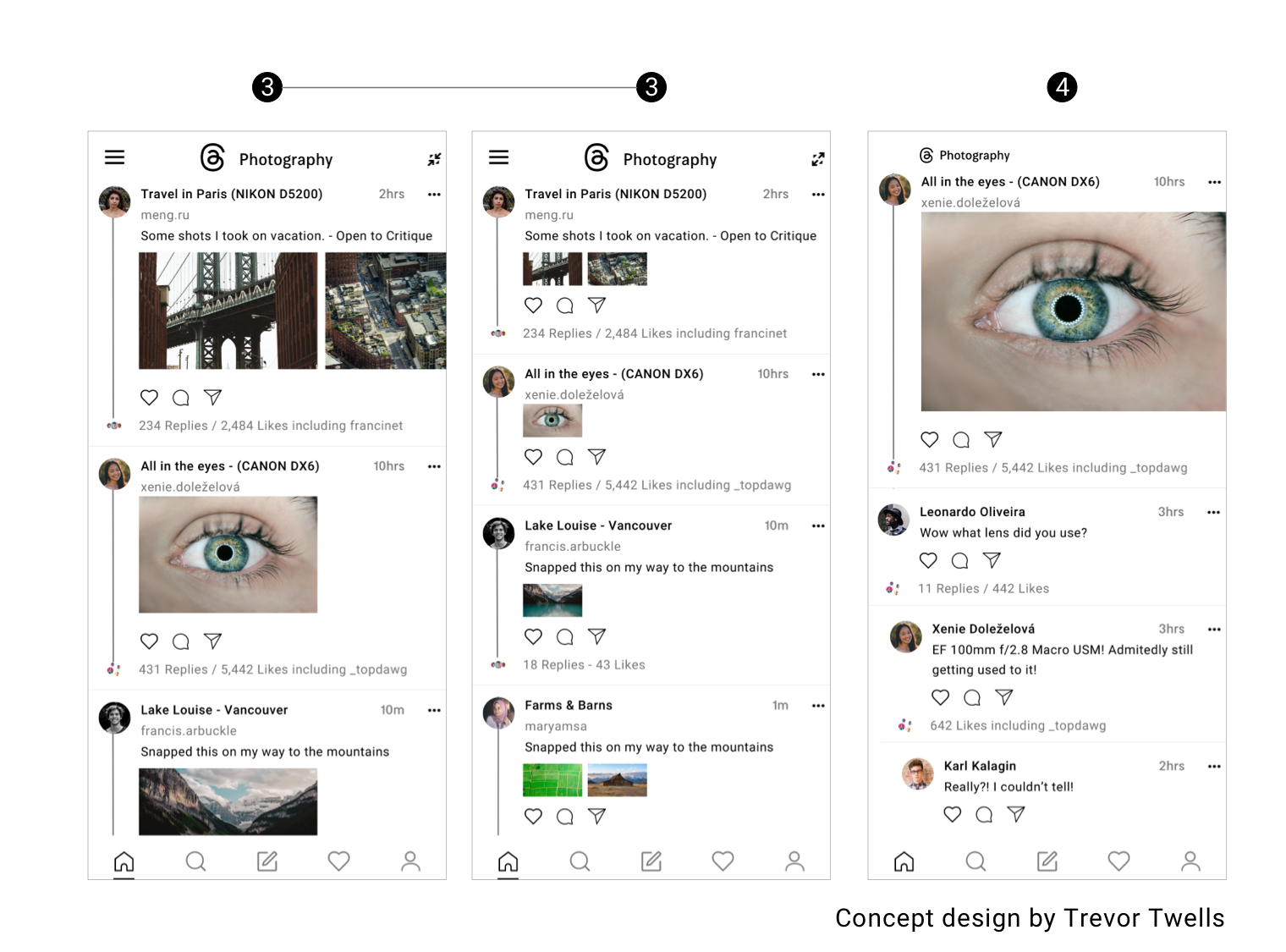 Three images. First image: A mock-up of the @Photography @Community, displaying Thread posts from varying users. Second Image: Shows compact mode, which shrinks media. Third image: Shows a mock-up of when a user enters a thread and can comment.